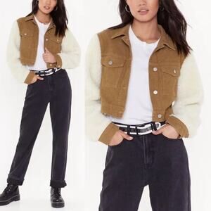 Nasty Gal | Tan Corduroy Sherpa Sleeve Button Front Cropped Jacket